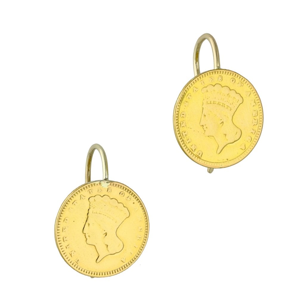 1889 Yellow Gold 1 Dollar Coin Earrings - 3.7g