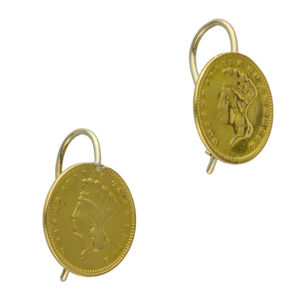1889 Yellow Gold 1 Dollar Coin Earrings - 3.7g