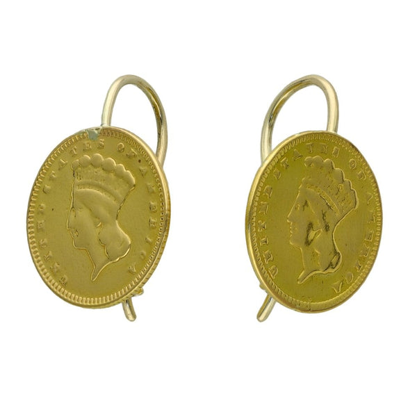 1889 Yellow Gold 1 Dollar Coin Earrings - 3.7g