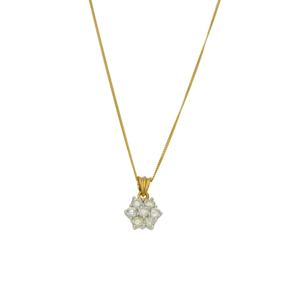 Ladies 18ct Yellow Gold 1.00ct Diamond Cluster Pendant & Chain