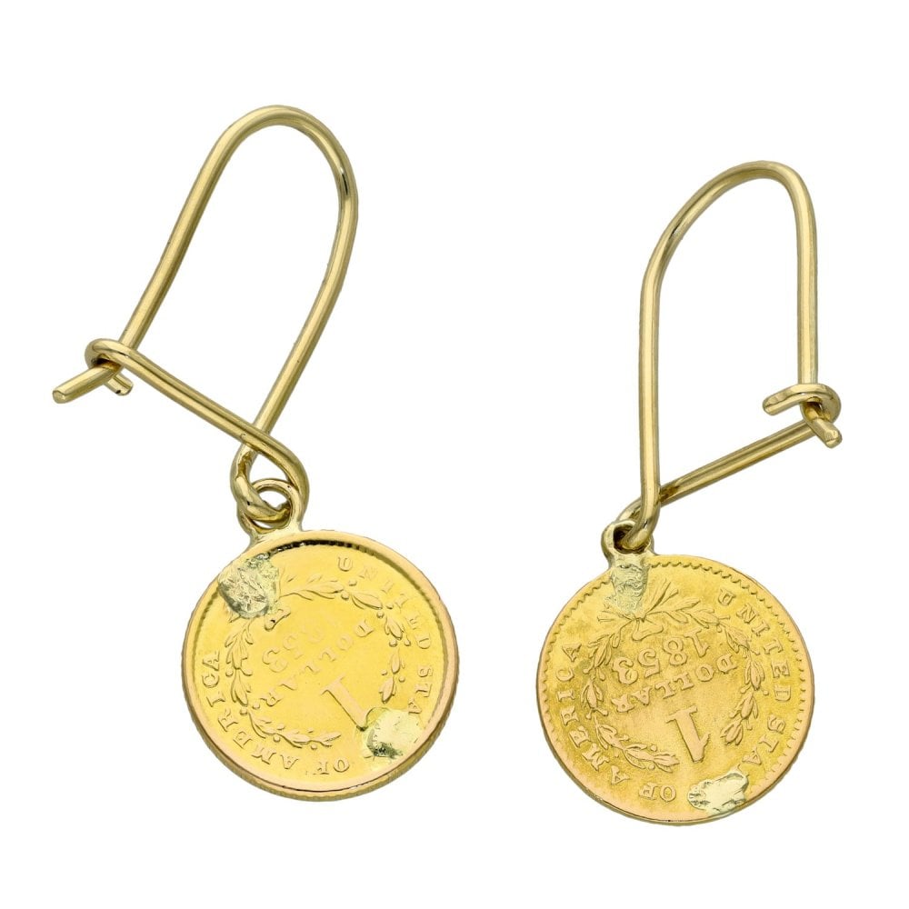 1853 Yellow Gold 1 Dollar Coin Earrings - 4.4g