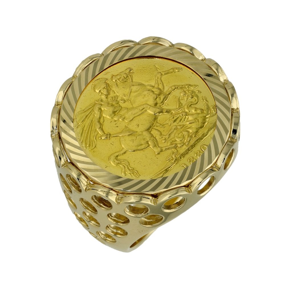 1880 Yellow Gold Full Sovereign Coin Ring - Size S - 16.4g