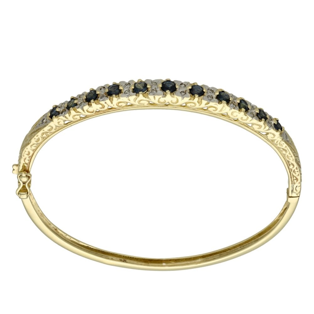 Ladies 9ct Yellow Gold Diamond & Blue Sapphire Bangle