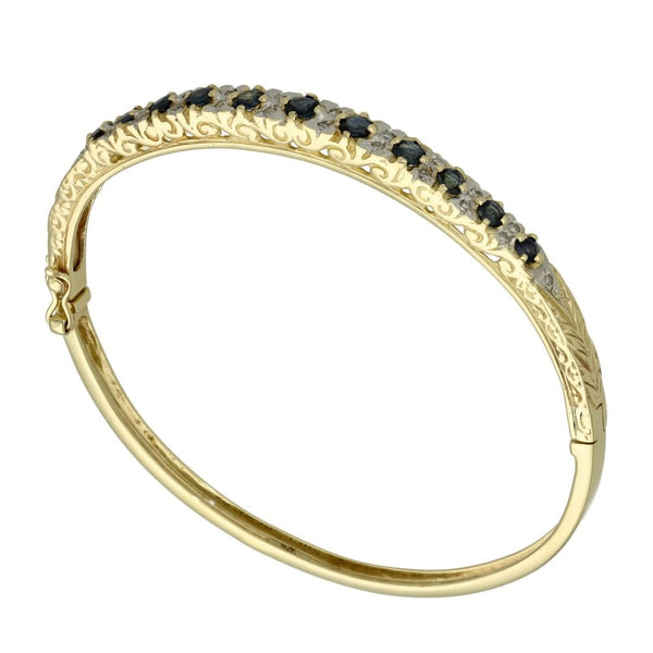 Ladies 9ct Yellow Gold Diamond & Blue Sapphire Bangle