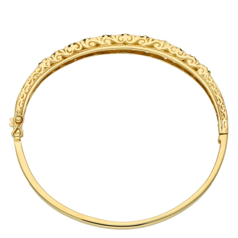 Ladies 9ct Yellow Gold Diamond & Blue Sapphire Bangle