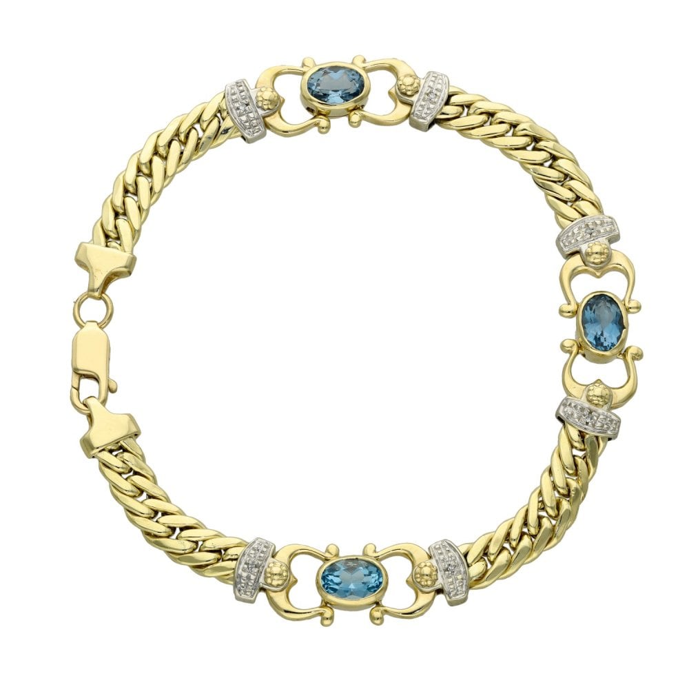 Ladies 9ct Yellow Gold Diamond & Blue Topaz Bracelet - 7.5"