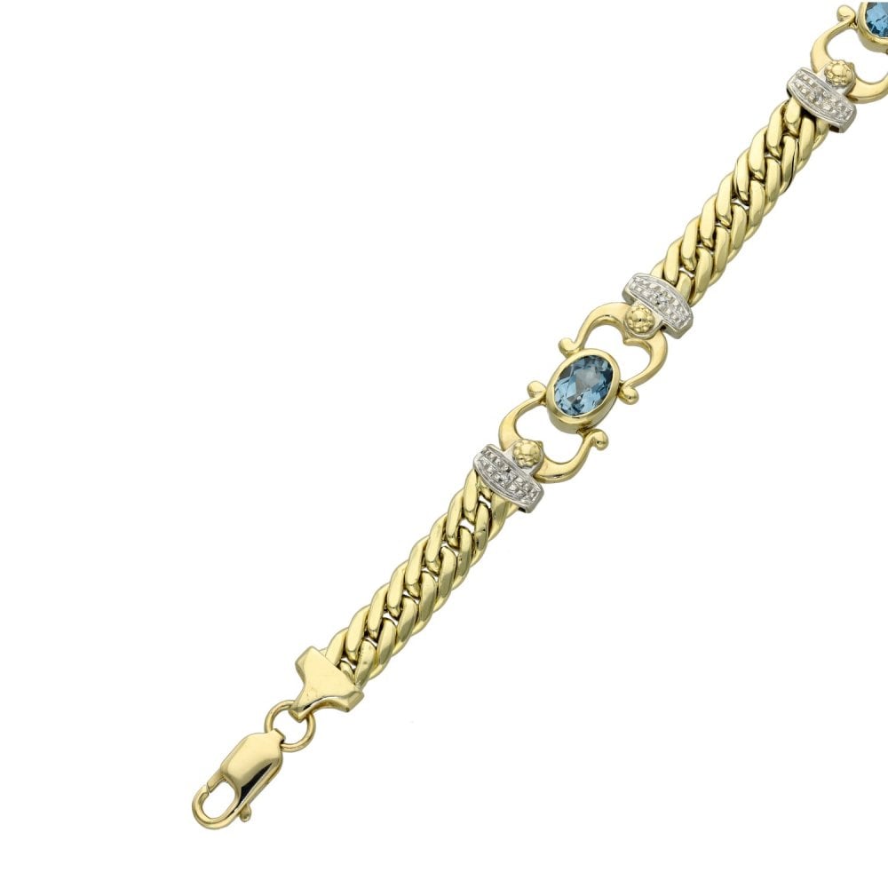 Ladies 9ct Yellow Gold Diamond & Blue Topaz Bracelet - 7.5"