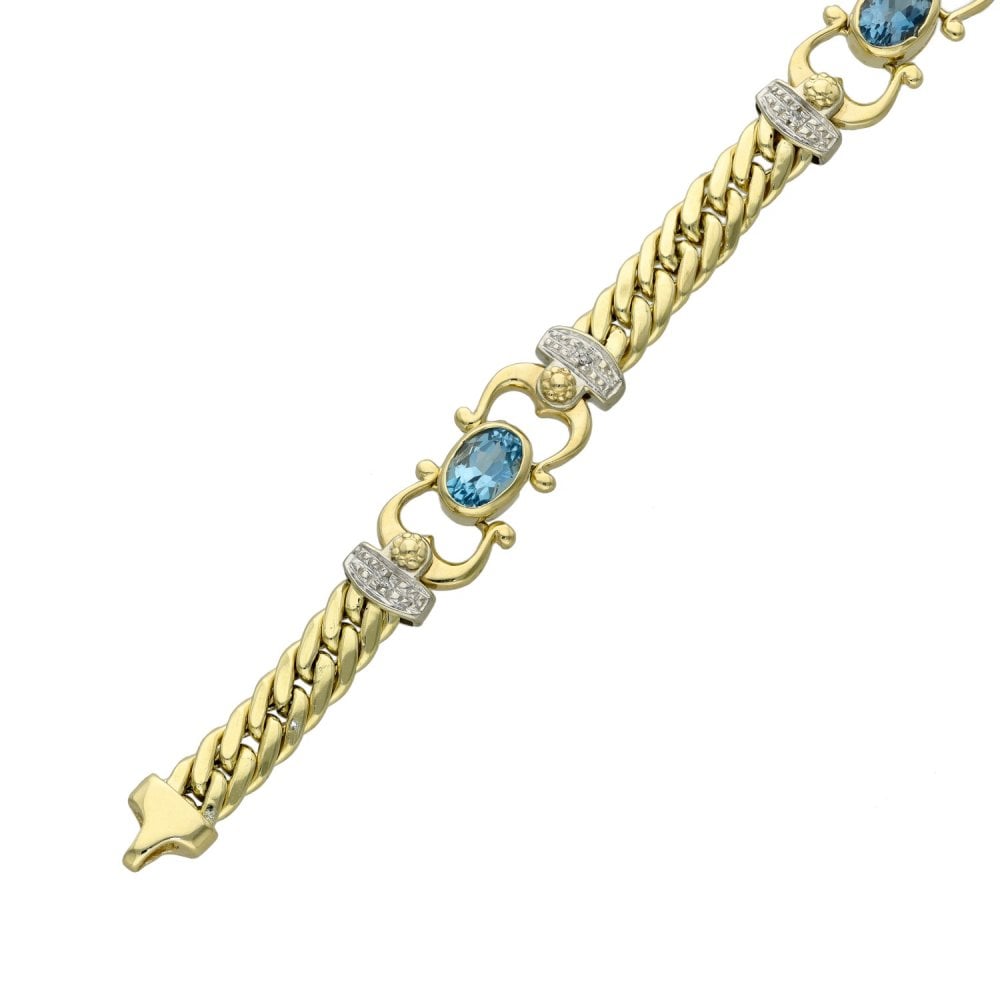 Ladies 9ct Yellow Gold Diamond & Blue Topaz Bracelet - 7.5"