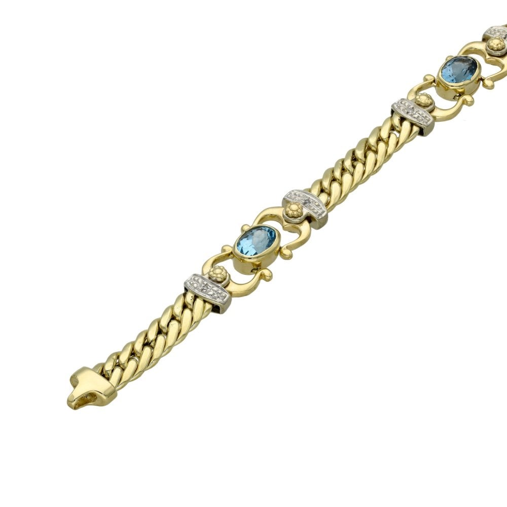 Ladies 9ct Yellow Gold Diamond & Blue Topaz Bracelet - 7.5"
