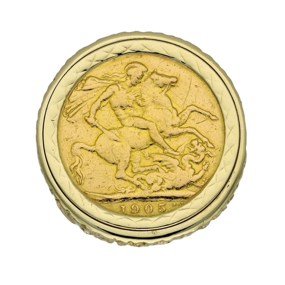 1905 Yellow Gold Full Sovereign Coin Ring - Size M - 16.4g
