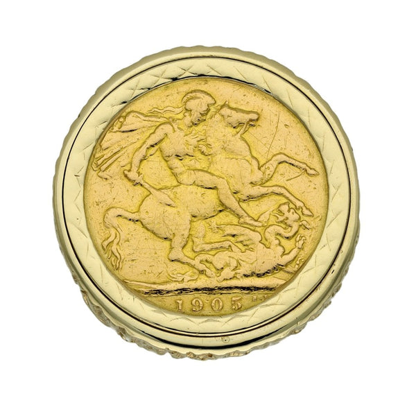 1905 Yellow Gold Full Sovereign Coin Ring - Size M - 16.4g