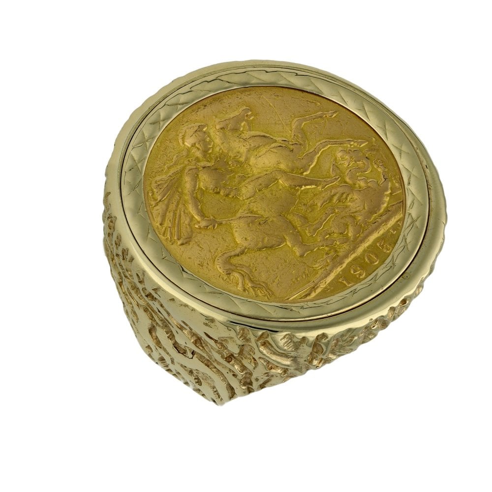 1905 Yellow Gold Full Sovereign Coin Ring - Size M - 16.4g