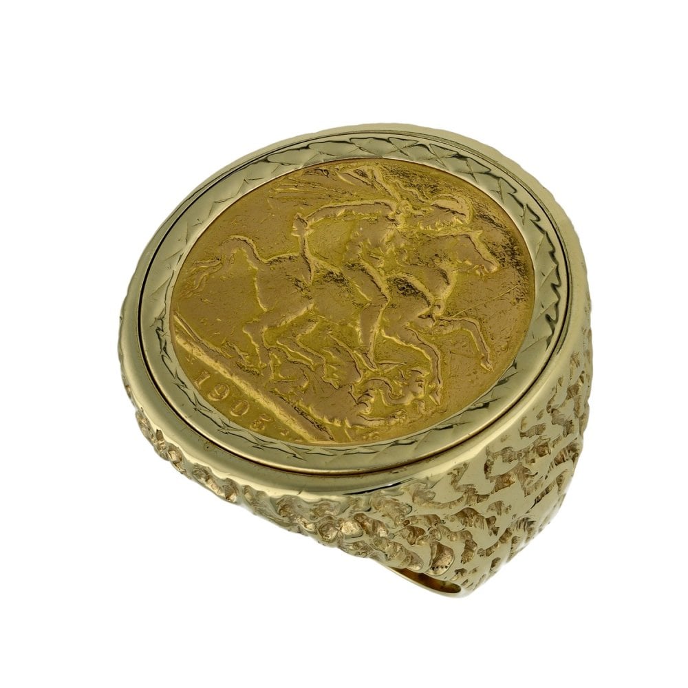 1905 Yellow Gold Full Sovereign Coin Ring - Size M - 16.4g