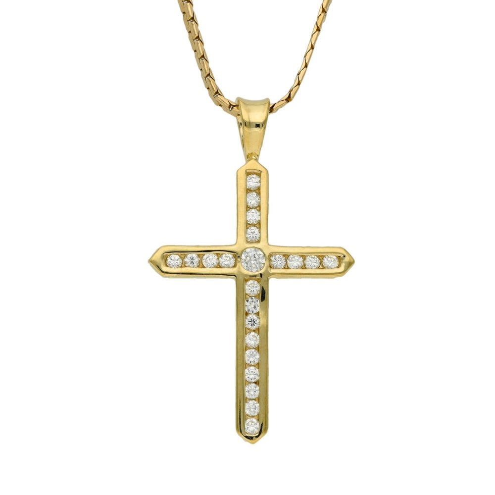 Ladies 9ct Yellow Gold Cubic Zirconia Cross & Chain - 19"