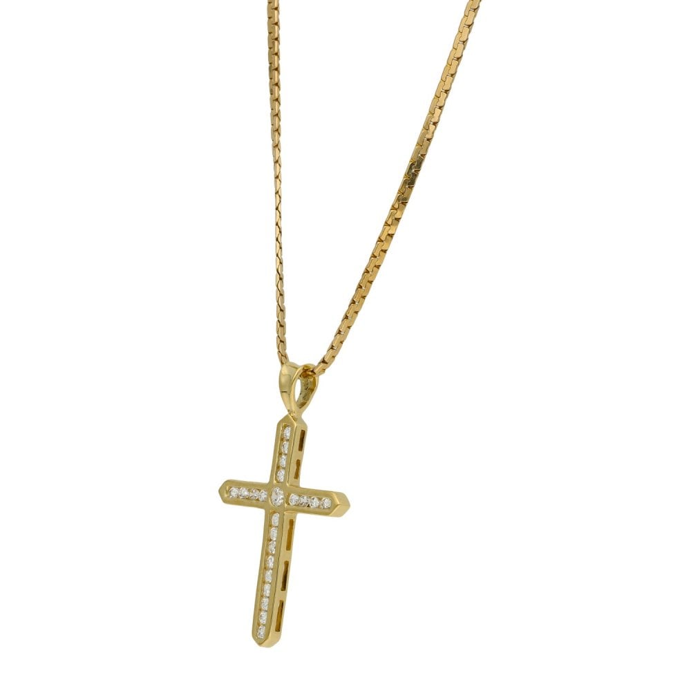 Ladies 9ct Yellow Gold Cubic Zirconia Cross & Chain - 19"