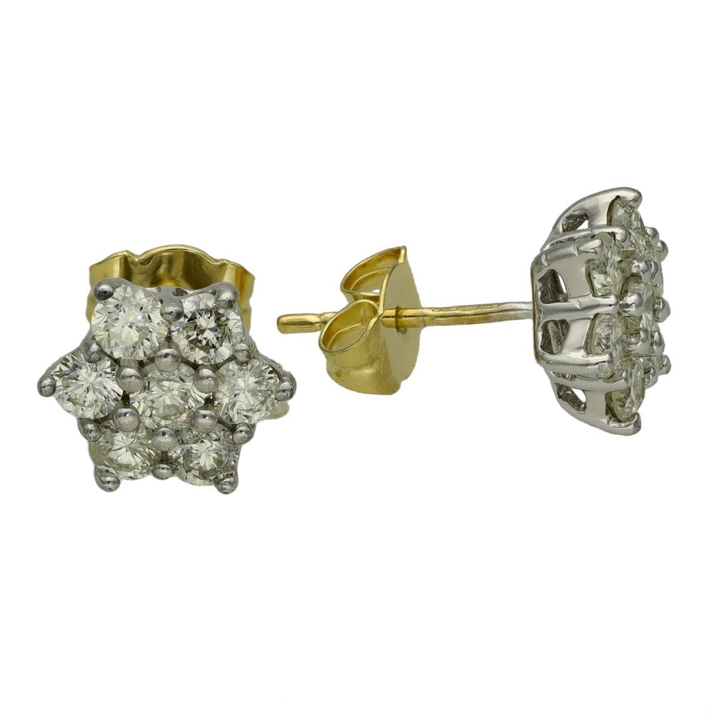 Ladies 18ct Yellow Gold Diamond Cluster Earrings - 1.50ct