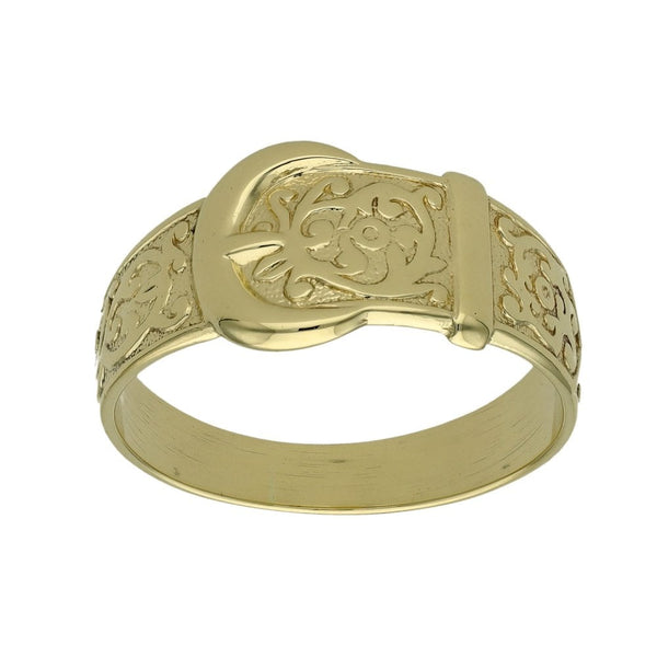 9ct Yellow Gold Pattern Buckle Ring - Size V - 4.2g