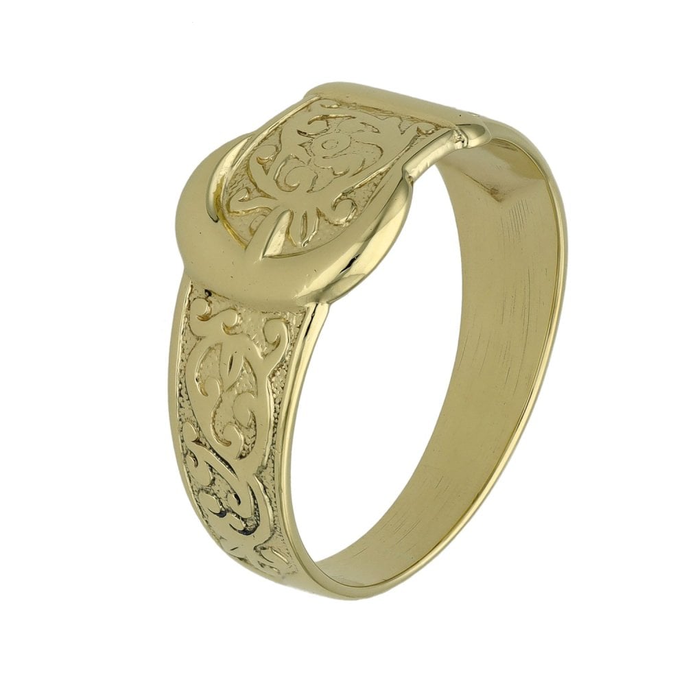 9ct Yellow Gold Pattern Buckle Ring - Size V - 4.2g