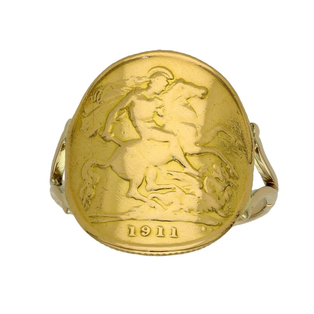 1911 Yellow Gold Half Sovereign Bent Over Coin Ring - Size Q