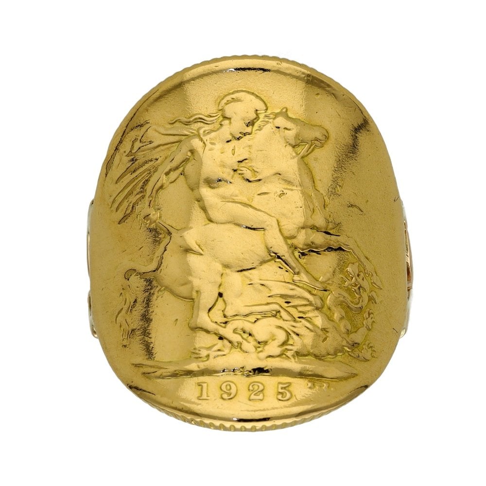 1925 Yellow Gold Full Sovereign Bent Over Coin Ring - Size M