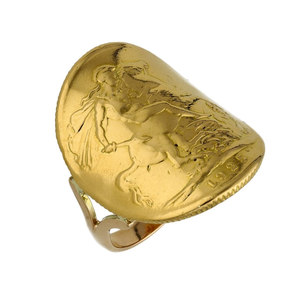 1925 Yellow Gold Full Sovereign Bent Over Coin Ring - Size M