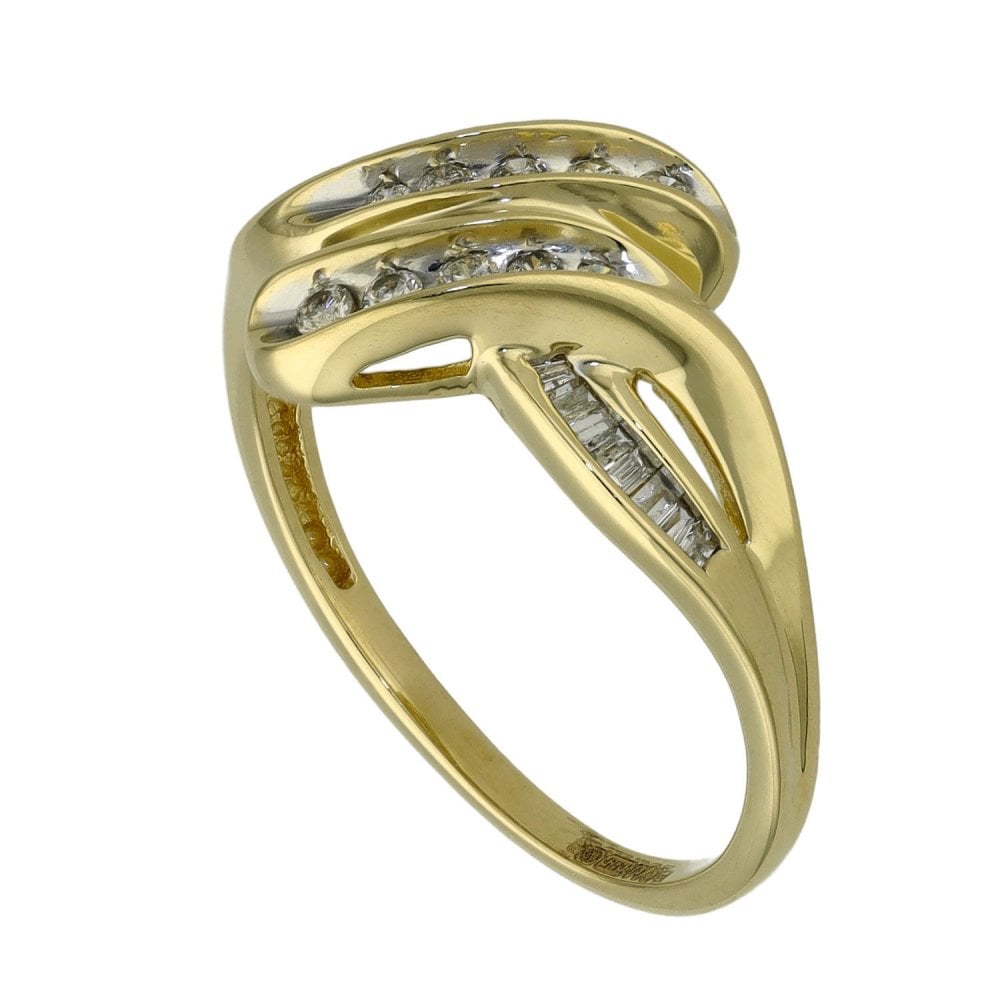 Ladies 14ct Yellow Gold Diamond Cross Over Ring - Size N