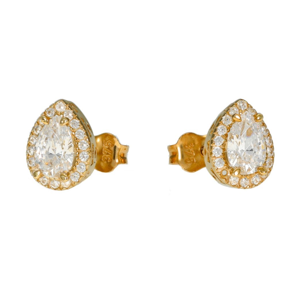 9ct Yellow Gold Pear Halo Cubic Zirconia Earrings