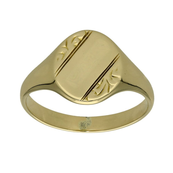 9ct Yellow Gold Oval Pattern Signet Ring - Size W - 5.0g