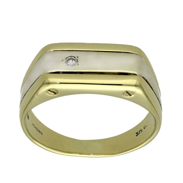 9ct Multi-Tone Gold Diamond Signet Ring - Size R - 9.9g