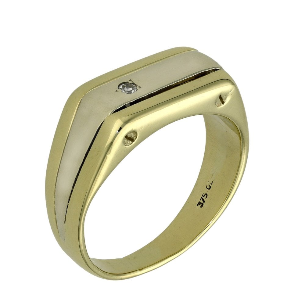 9ct Multi-Tone Gold Diamond Signet Ring - Size R - 9.9g