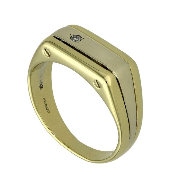 9ct Multi-Tone Gold Diamond Signet Ring - Size R - 9.9g