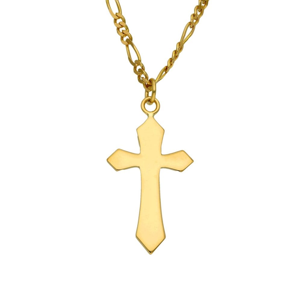 9ct Yellow Gold Plain Cross & Figaro Chain - 20" - 6.4g