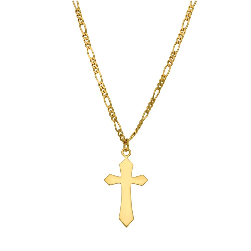 9ct Yellow Gold Plain Cross & Figaro Chain - 20" - 6.4g