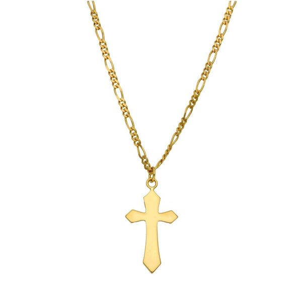 9ct Yellow Gold Plain Cross & Figaro Chain - 20" - 6.4g