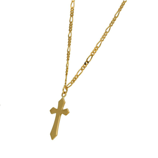 9ct Yellow Gold Plain Cross & Figaro Chain - 20" - 6.4g