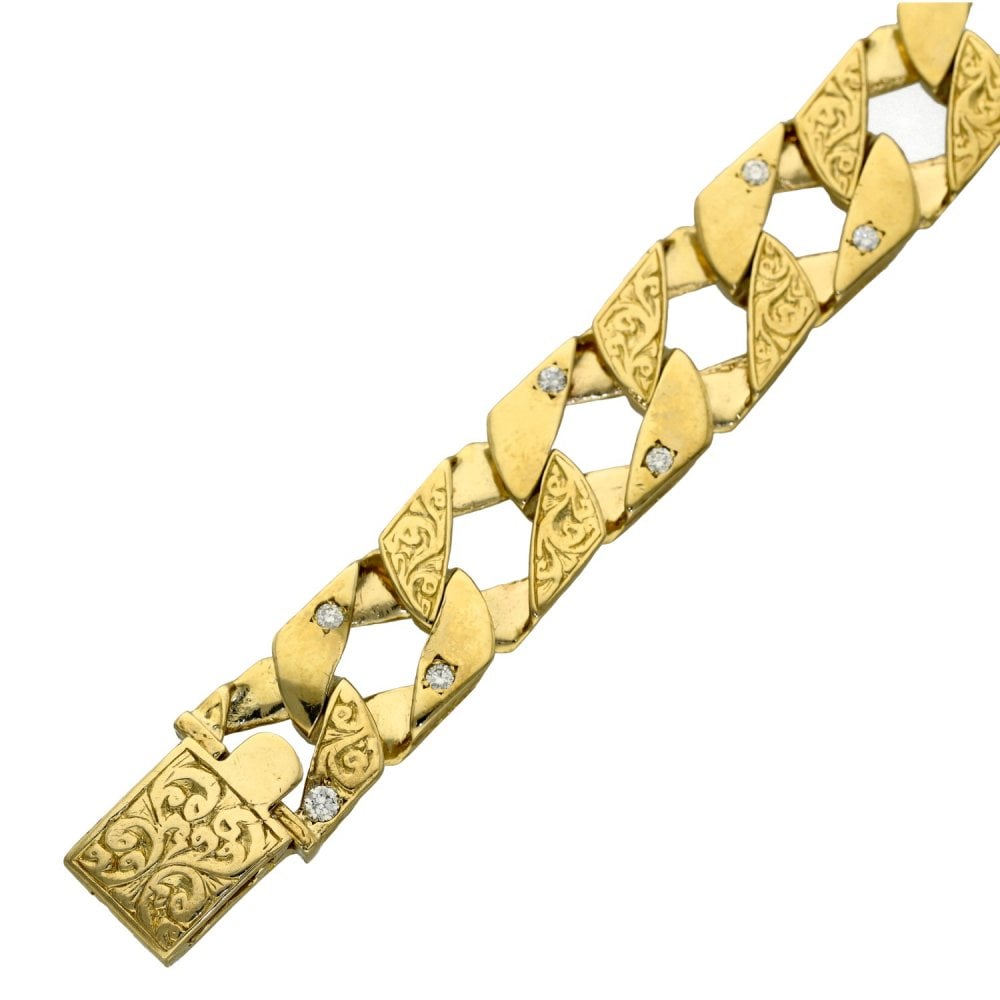 9ct Yellow Gold Diamond Set Curb Bracelet - 51.8g