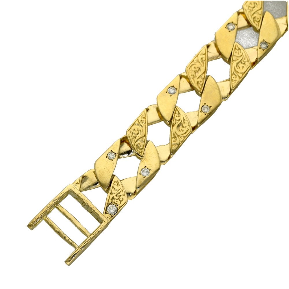9ct Yellow Gold Diamond Set Curb Bracelet - 51.8g