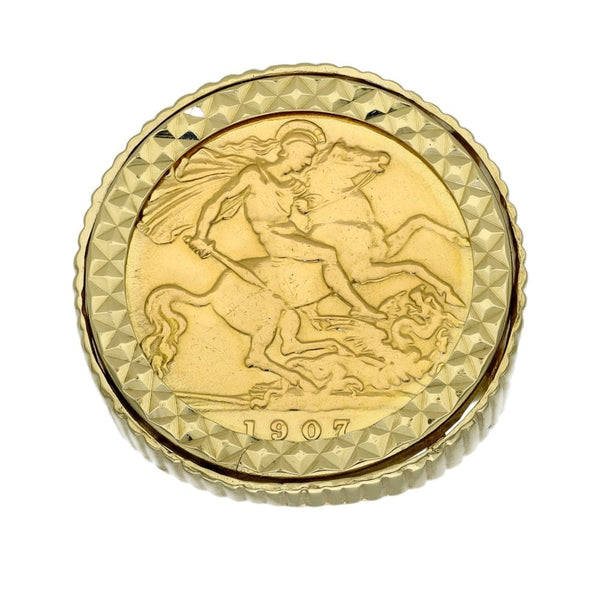 1907 Yellow Gold Half Sovereign Coin Mounted Ring - 8.6g