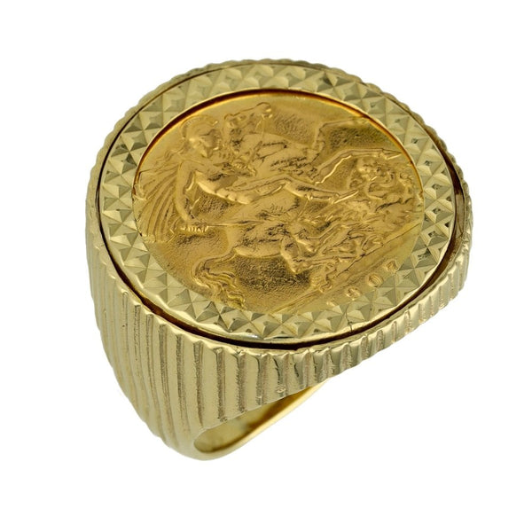 1907 Yellow Gold Half Sovereign Coin Mounted Ring - 8.6g
