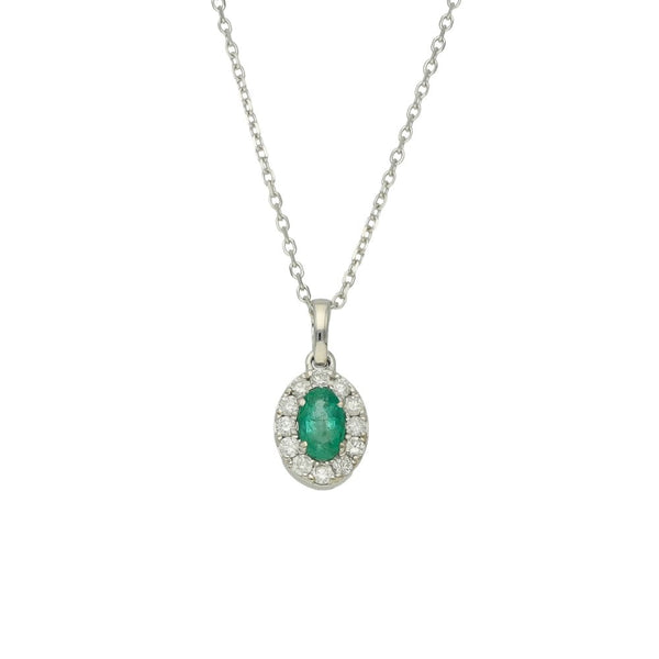18ct White Gold Diamond & Emerald Pendant - 16"