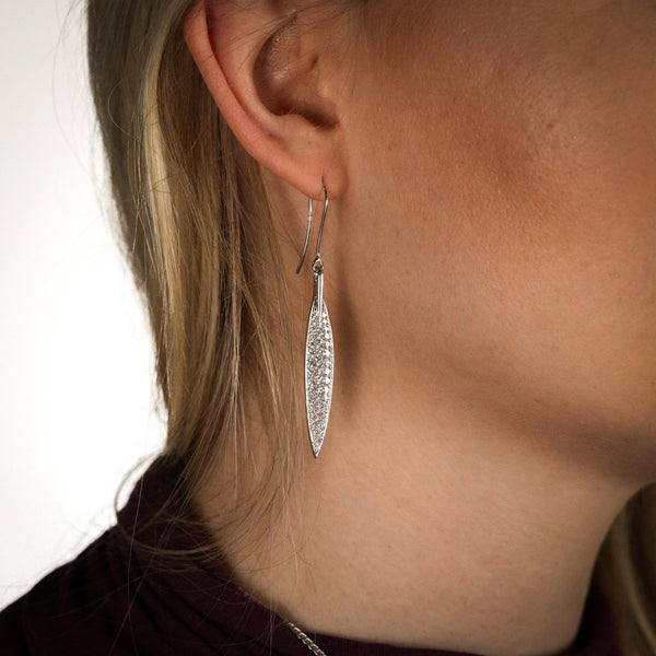 18ct White Gold Diamond Leaf Drop Earrings - 7x42mm - 1.12ct