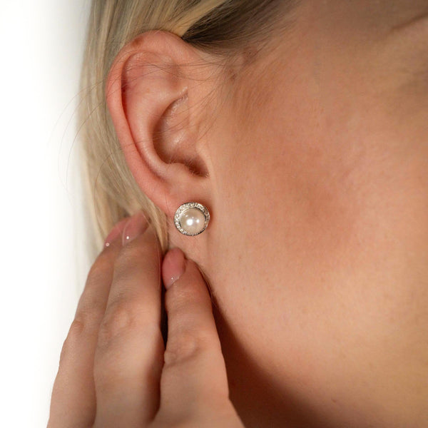 9ct White Gold Pearl & Diamond Halo Stud Earrings - 0.21ct