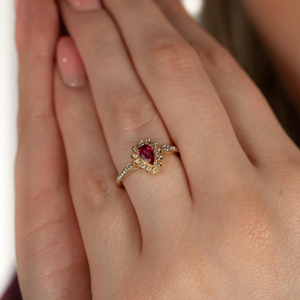 9ct Yellow Gold Ruby & Diamond Cluster Ring - Size M - 0.25ct
