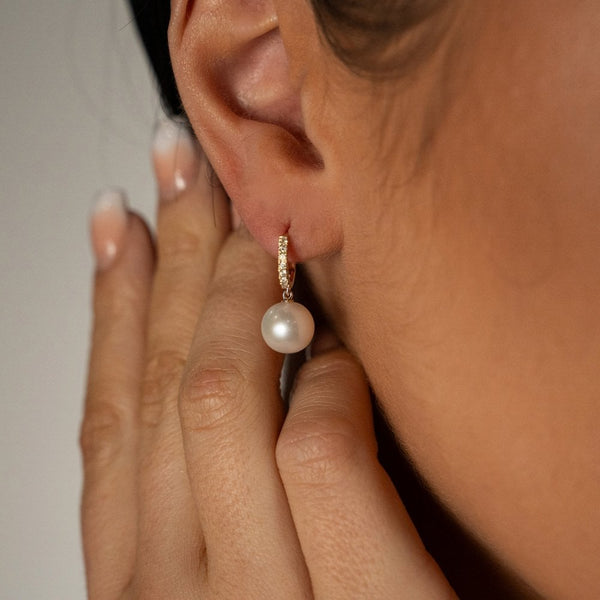 9ct Yellow Gold Diamond & Culture Pearl Huggie Earrings