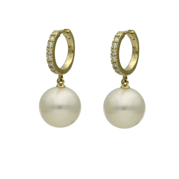 9ct Yellow Gold Diamond & Culture Pearl Huggie Earrings