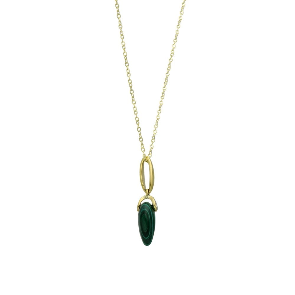 9ct Yellow Gold Malachite & Diamond Pendant & Necklace - 16/18"