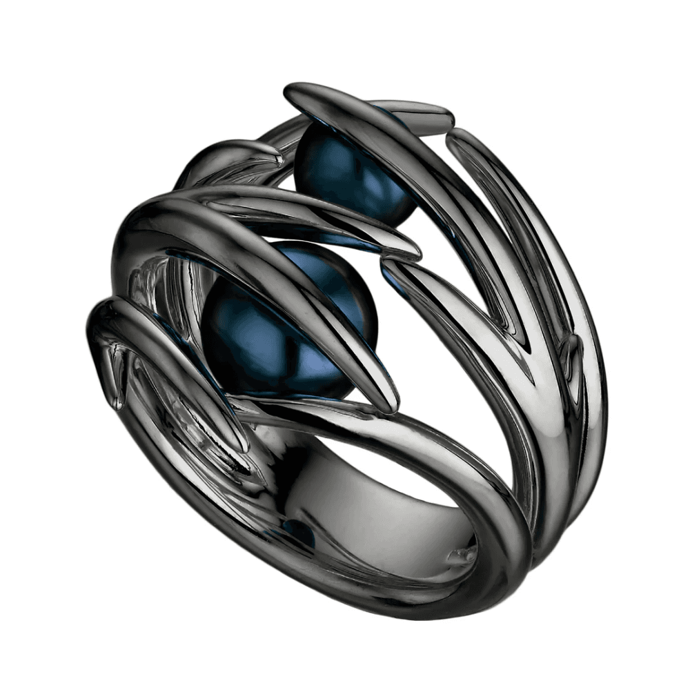 Silver Black Rhodium and Pearl Hooked Ring