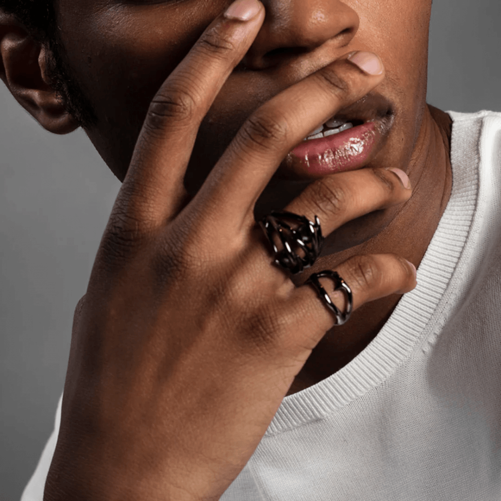 Silver Black Rhodium and Pearl Hooked Ring
