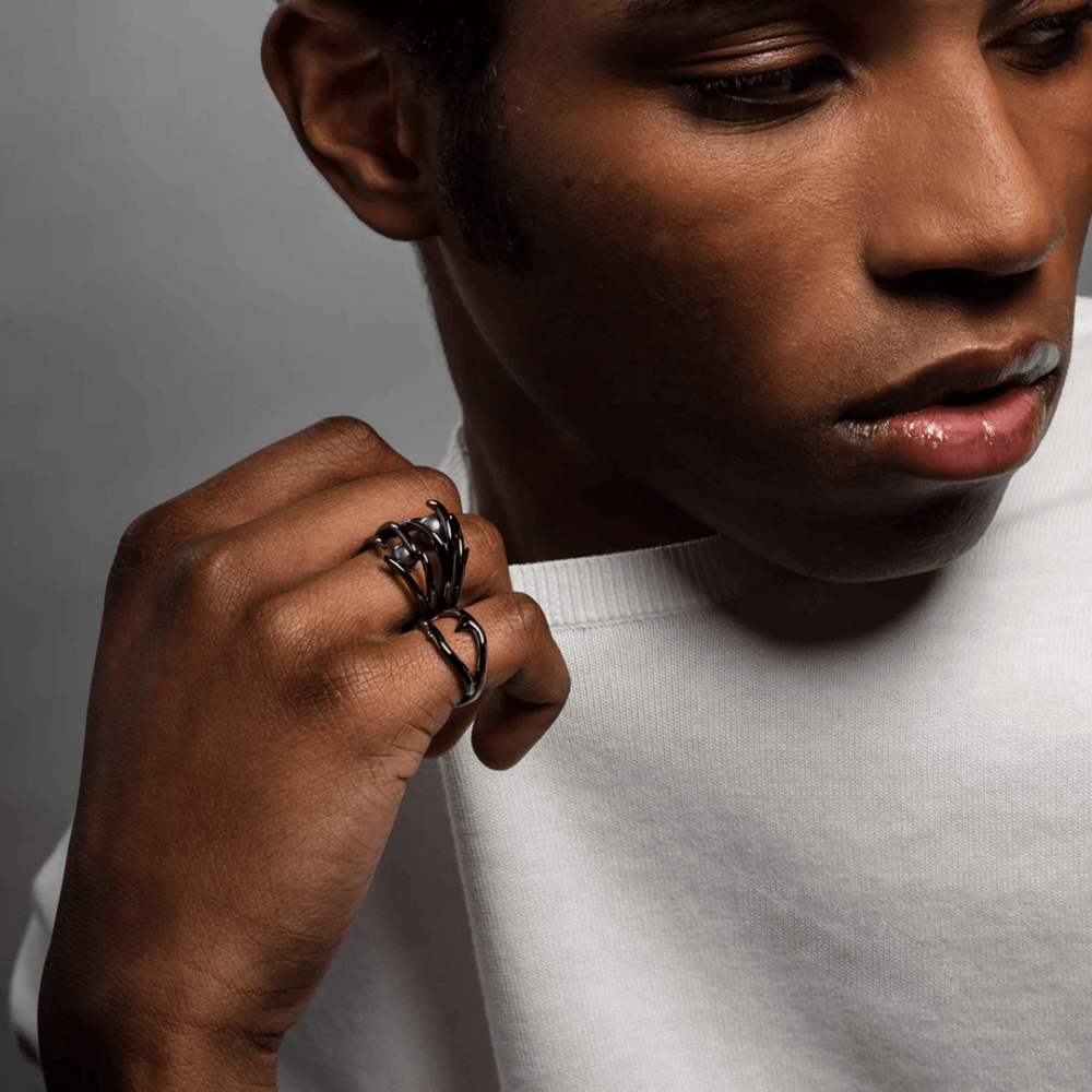 Silver Black Rhodium and Pearl Hooked Ring