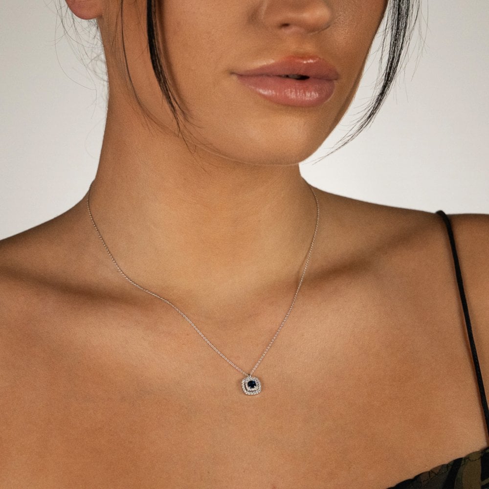 Ladies 18ct White Gold Diamond & Sapphire Pendant - 17"-18"